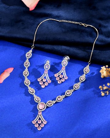VOJ Silver Plated Baby Pink Ad Stone Studded Necklace Set - Dista