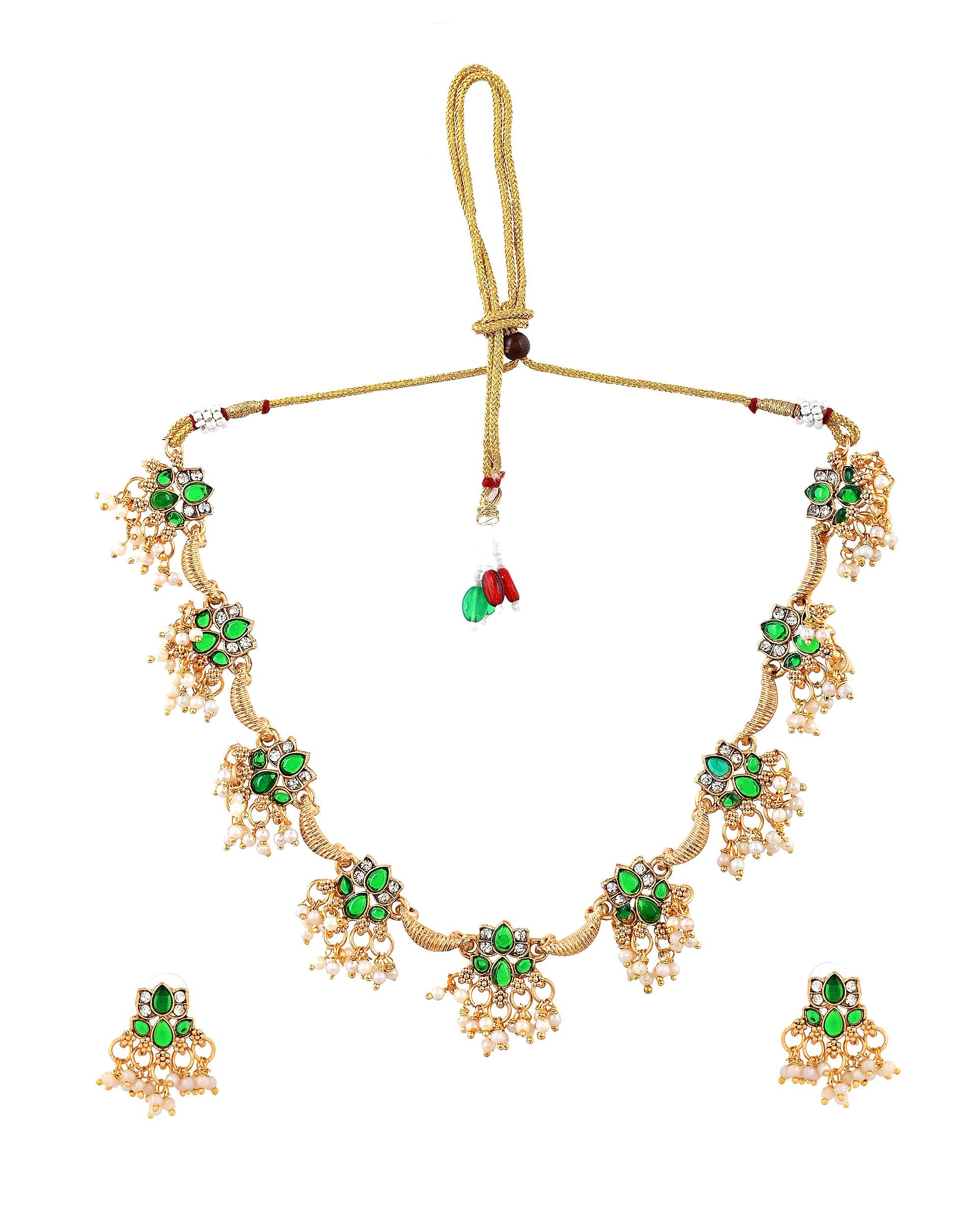 VOJ Gold Tone Green Floral Necklace Set - Dista