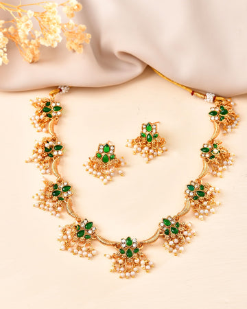VOJ Gold Tone Green Floral Necklace Set - Dista