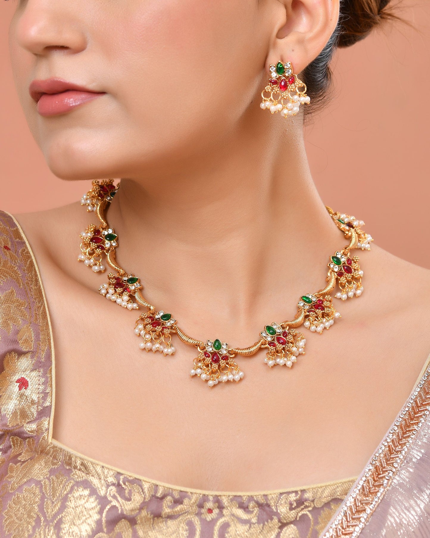 VOJ Gold Tone Multi Colour Floral Necklace Set - Dista