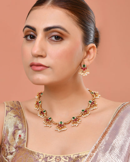 VOJ Gold Tone Multi Colour Floral Necklace Set - Dista