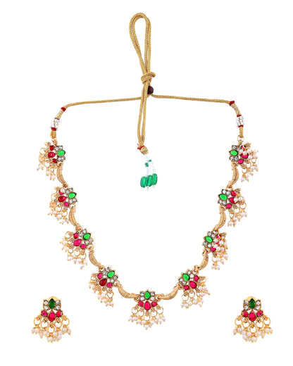 VOJ Gold Tone Multi Colour Floral Necklace Set - Dista
