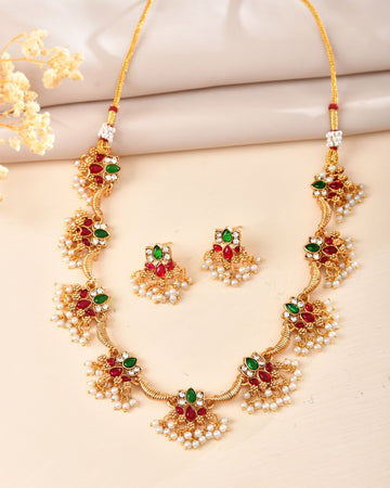 VOJ Gold Tone Multi Colour Floral Necklace Set - Dista
