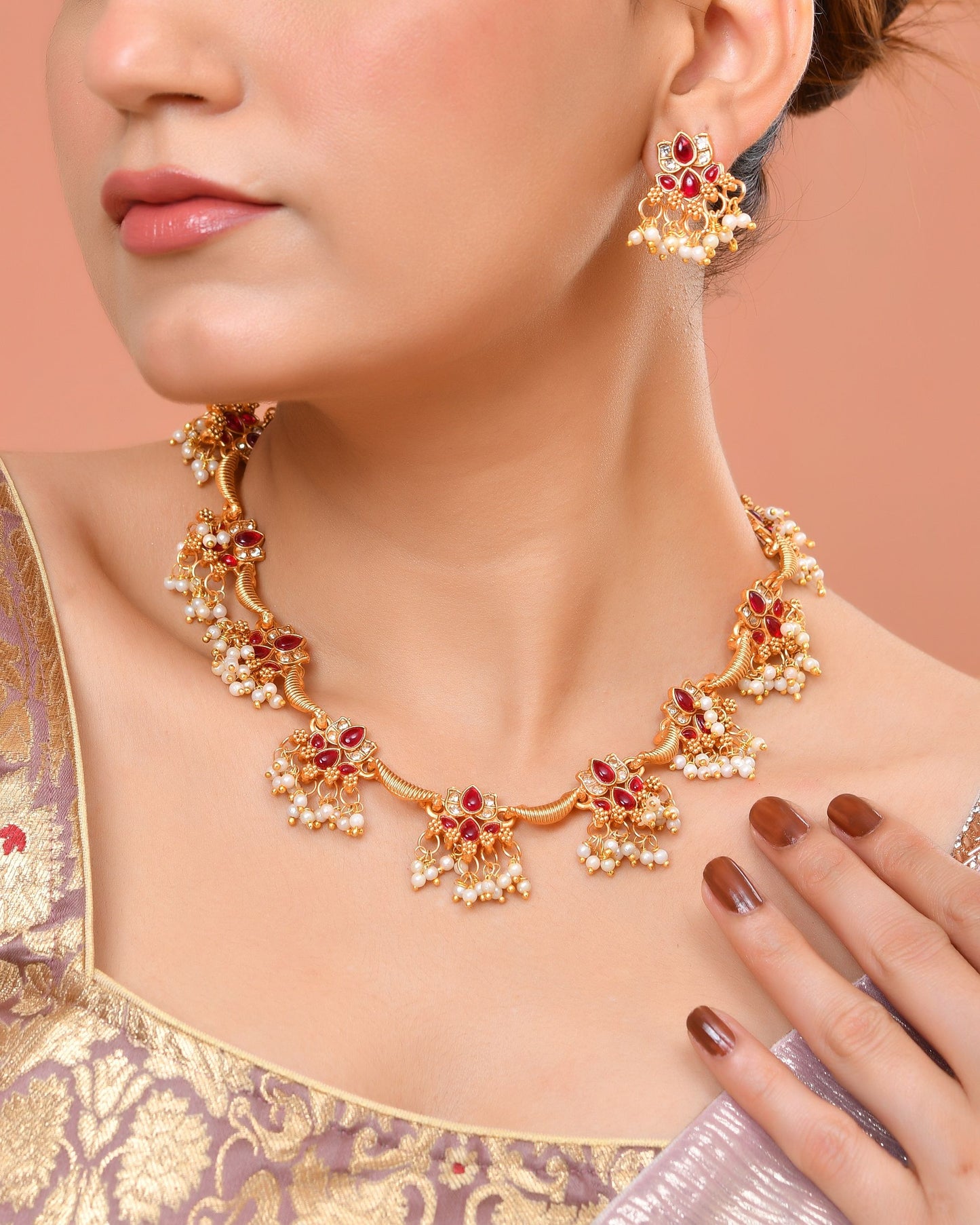 VOJ Gold Tone Ruby Red Floral Necklace Set - Dista