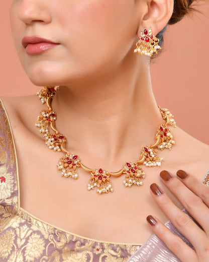 VOJ Gold Tone Ruby Red Floral Necklace Set - Dista