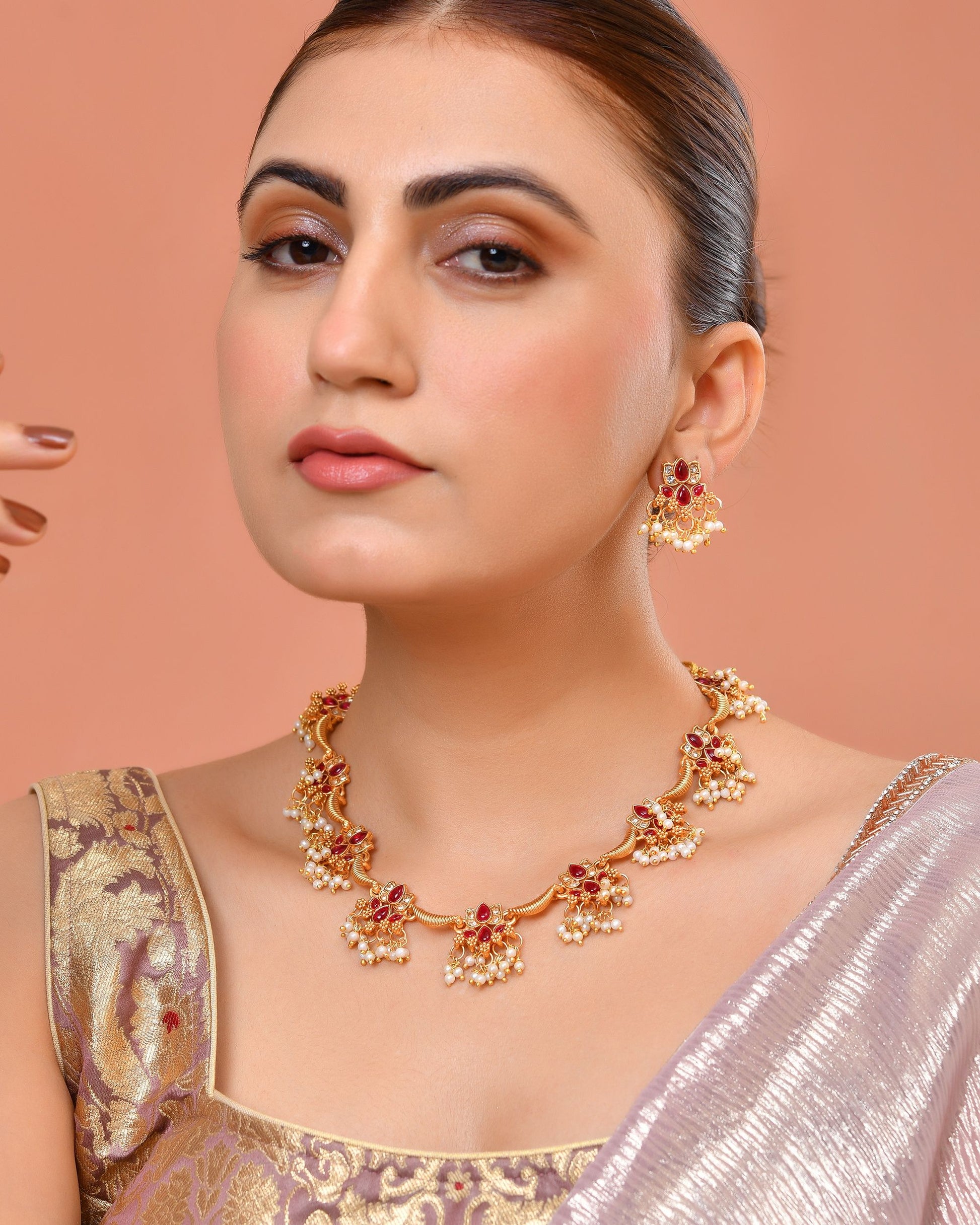 VOJ Gold Tone Ruby Red Floral Necklace Set - Dista