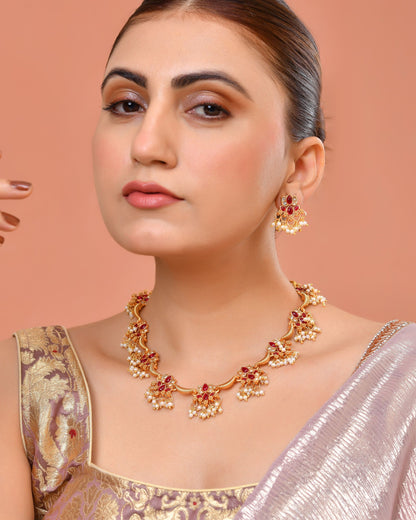 VOJ Gold Tone Ruby Red Floral Necklace Set - Dista
