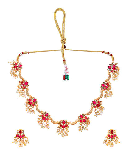 VOJ Gold Tone Ruby Red Floral Necklace Set - Dista