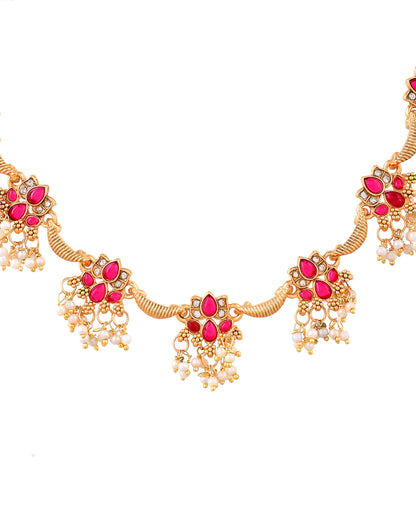 VOJ Gold Tone Ruby Red Floral Necklace Set - Dista