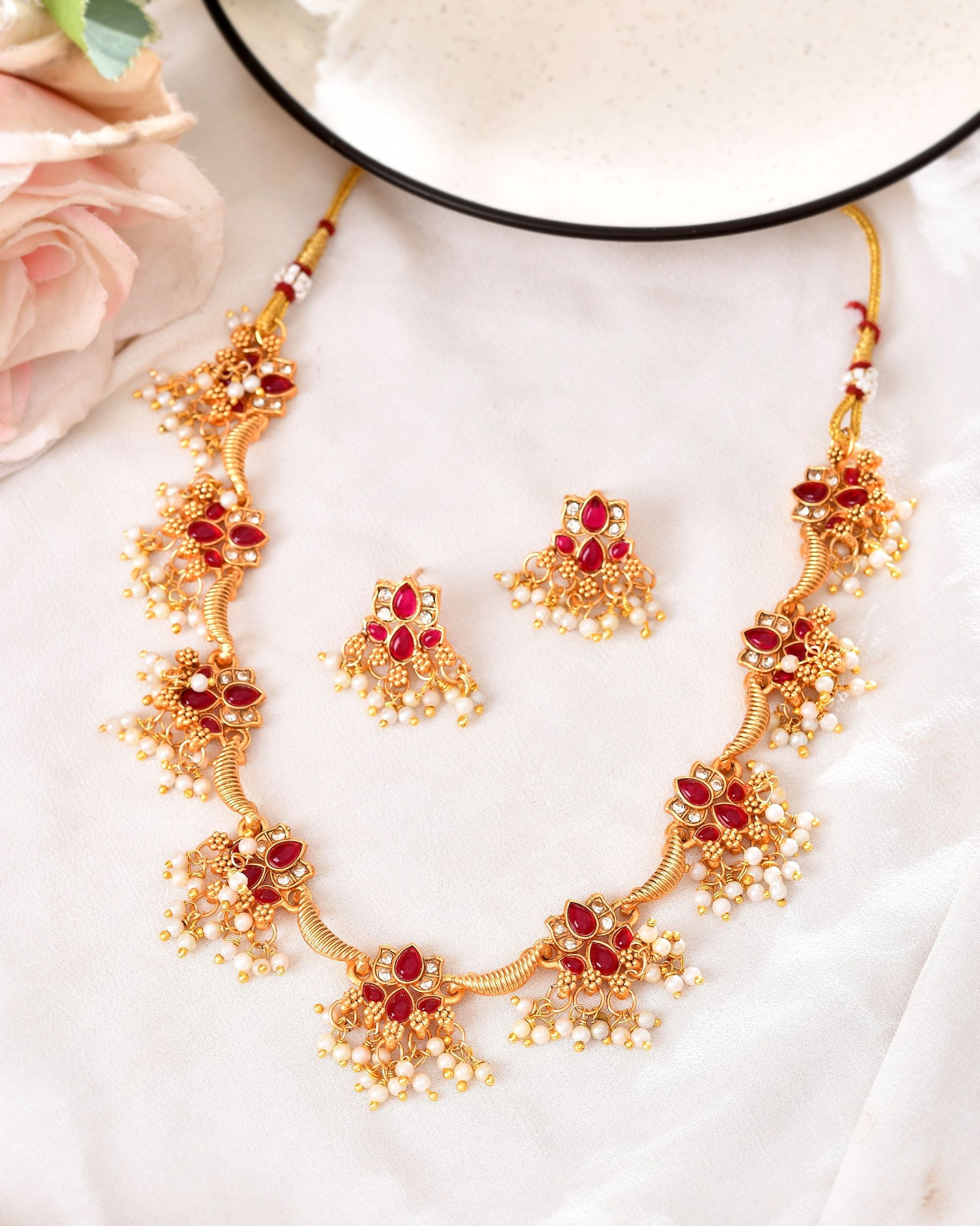 VOJ Gold Tone Ruby Red Floral Necklace Set - Dista