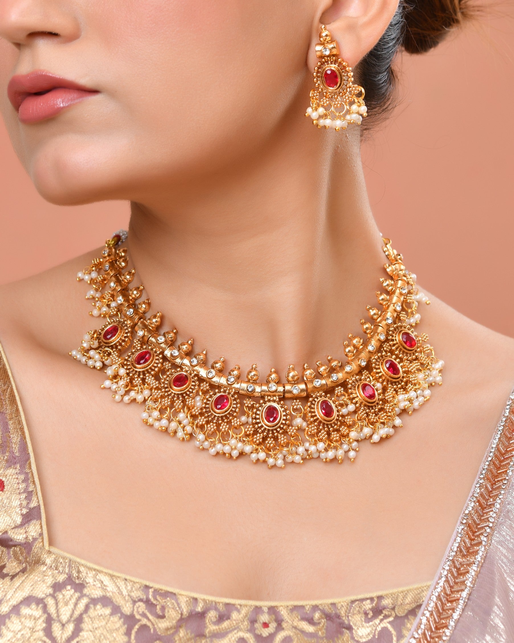 VOJ Gold Plated Ruby Red Stone Oval Jewellery Set - Dista
