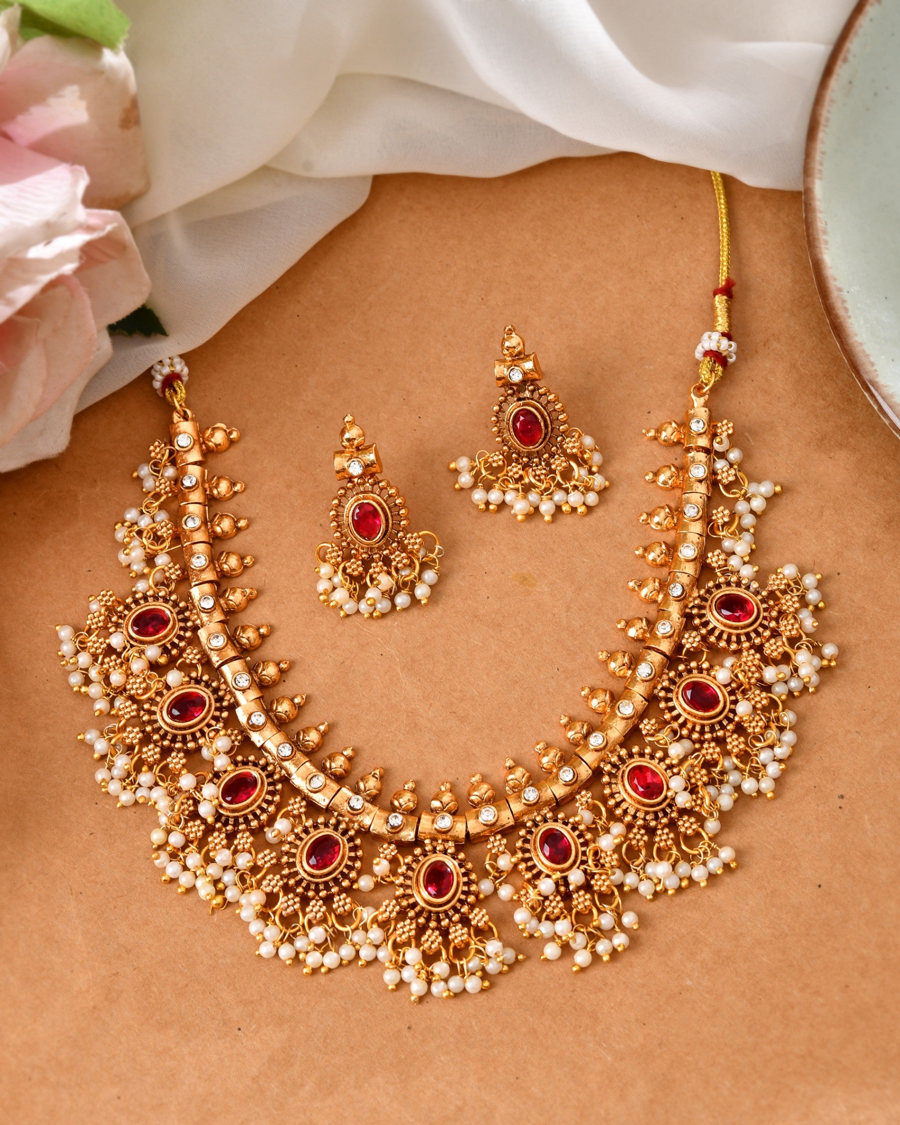 VOJ Gold Plated Ruby Red Stone Oval Jewellery Set
