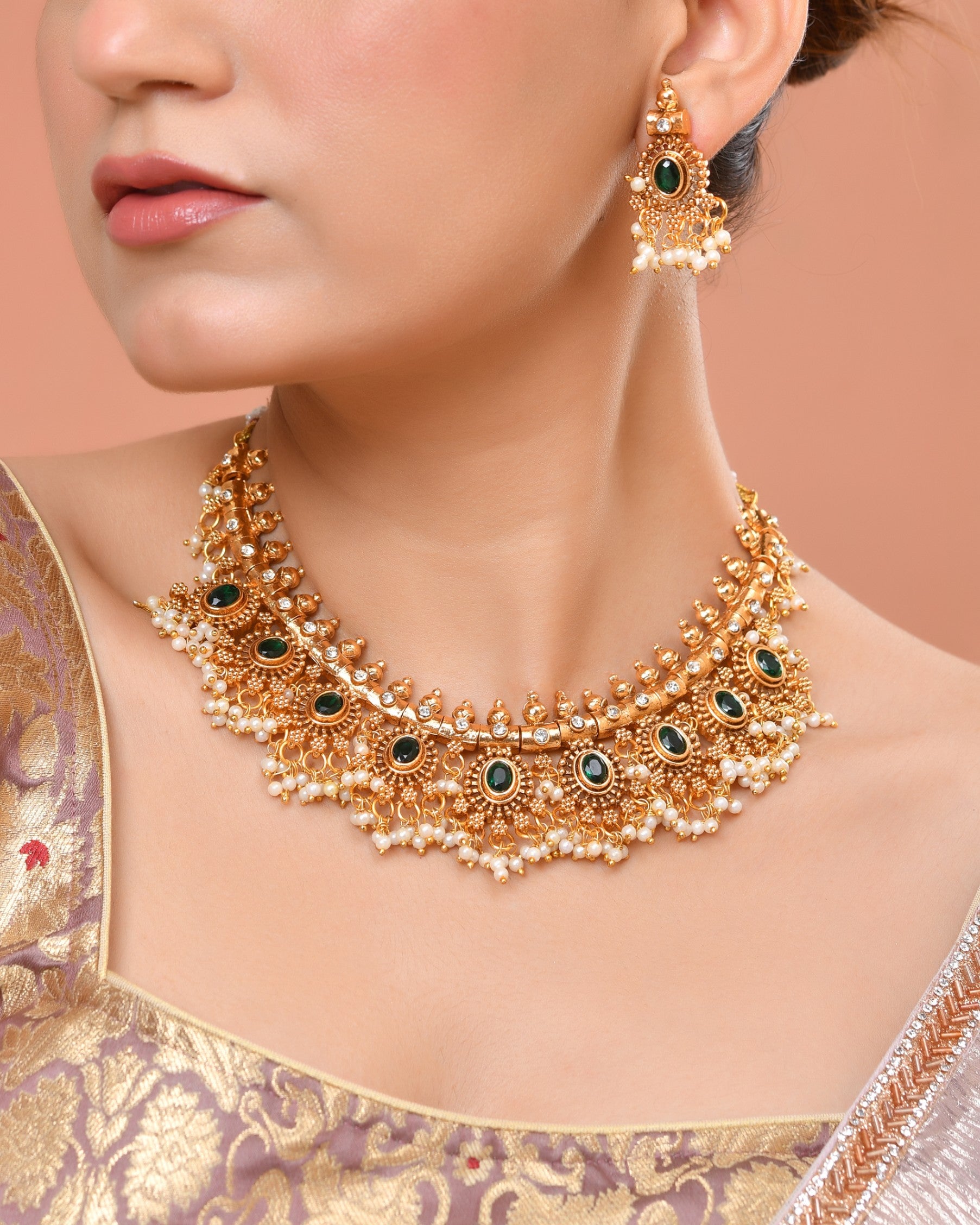 VOJ Gold Plated Green Stone Oval Jewellery Set - Dista