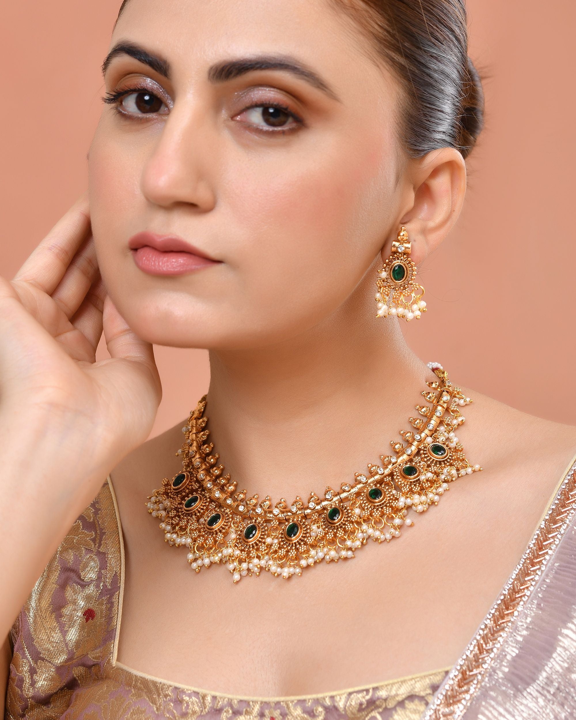 VOJ Gold Plated Green Stone Oval Jewellery Set - Dista