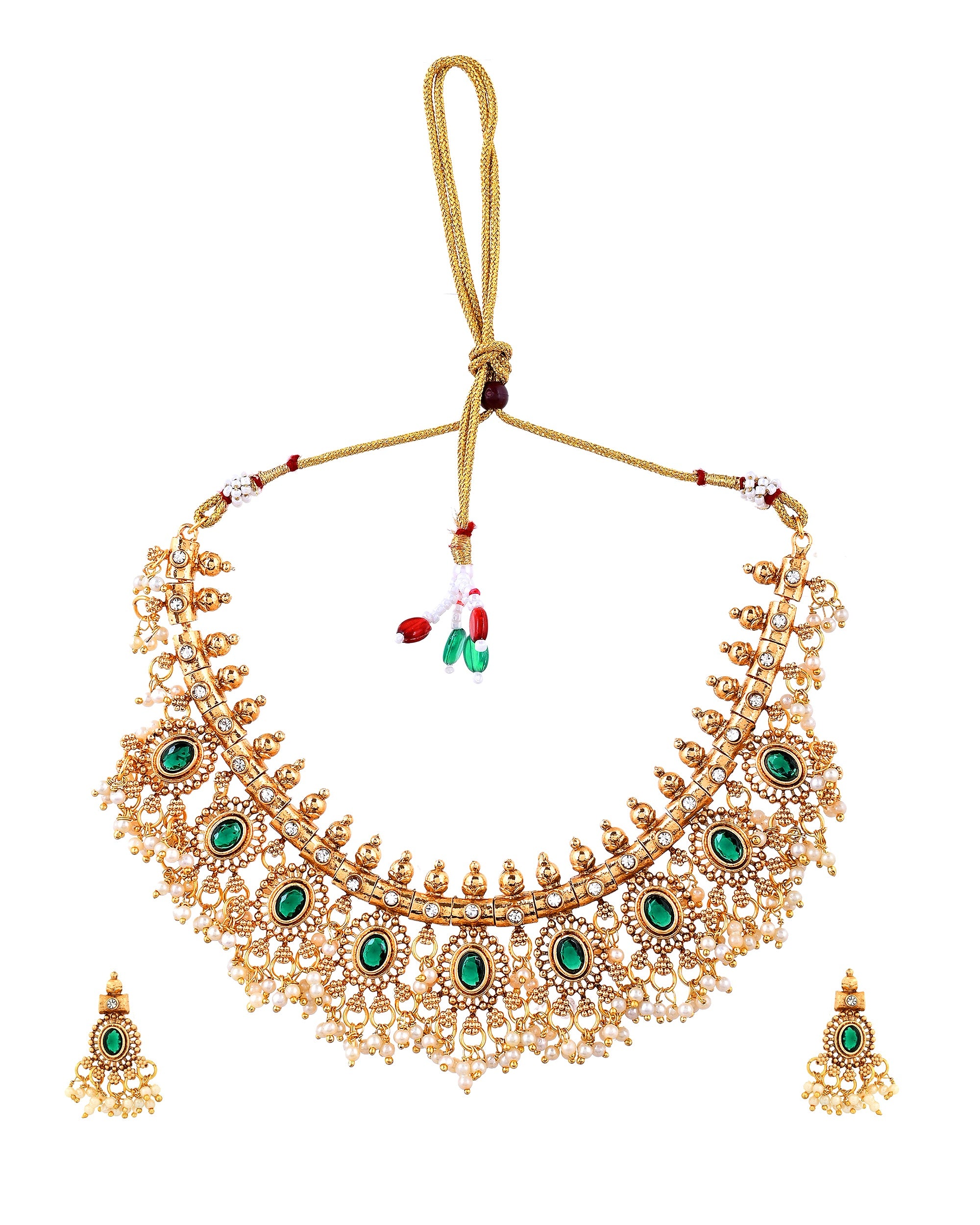 VOJ Gold Plated Green Stone Oval Jewellery Set - Dista
