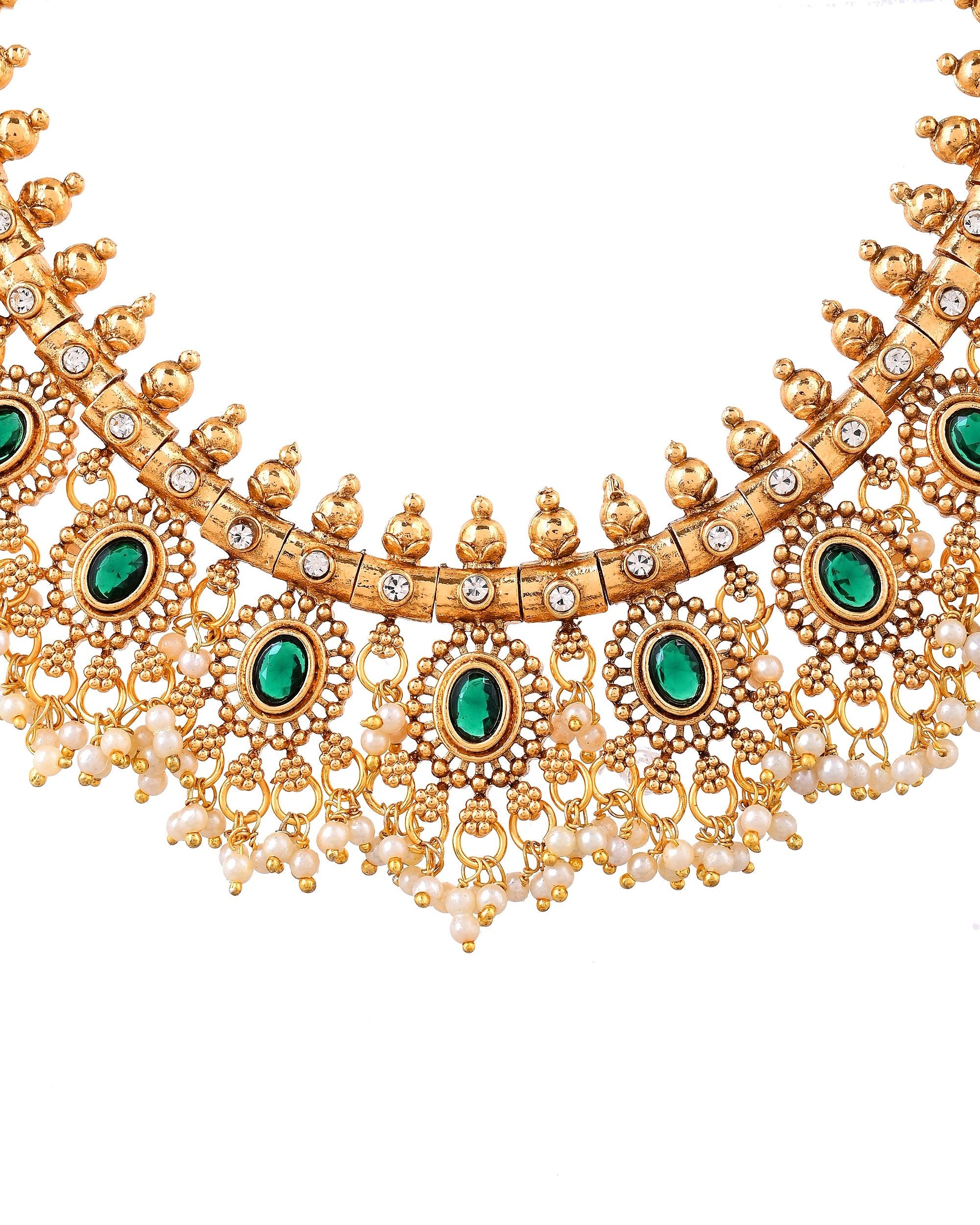 VOJ Gold Plated Green Stone Oval Jewellery Set - Dista