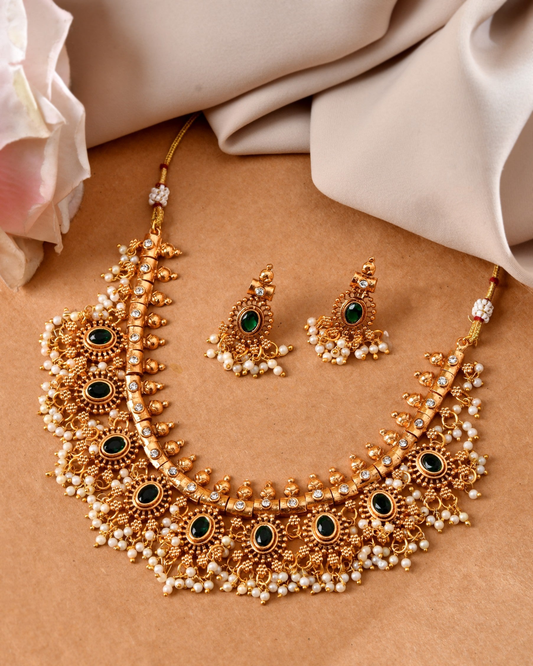 VOJ Gold Plated Green Stone Oval Jewellery Set - Dista