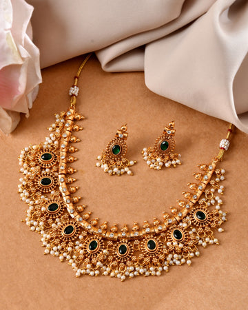 VOJ Gold Plated Green Stone Oval Jewellery Set - Dista