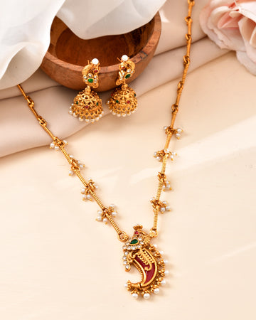 VOJ Gold Plated Antique Design Ruby Red Jewellery Set - Dista