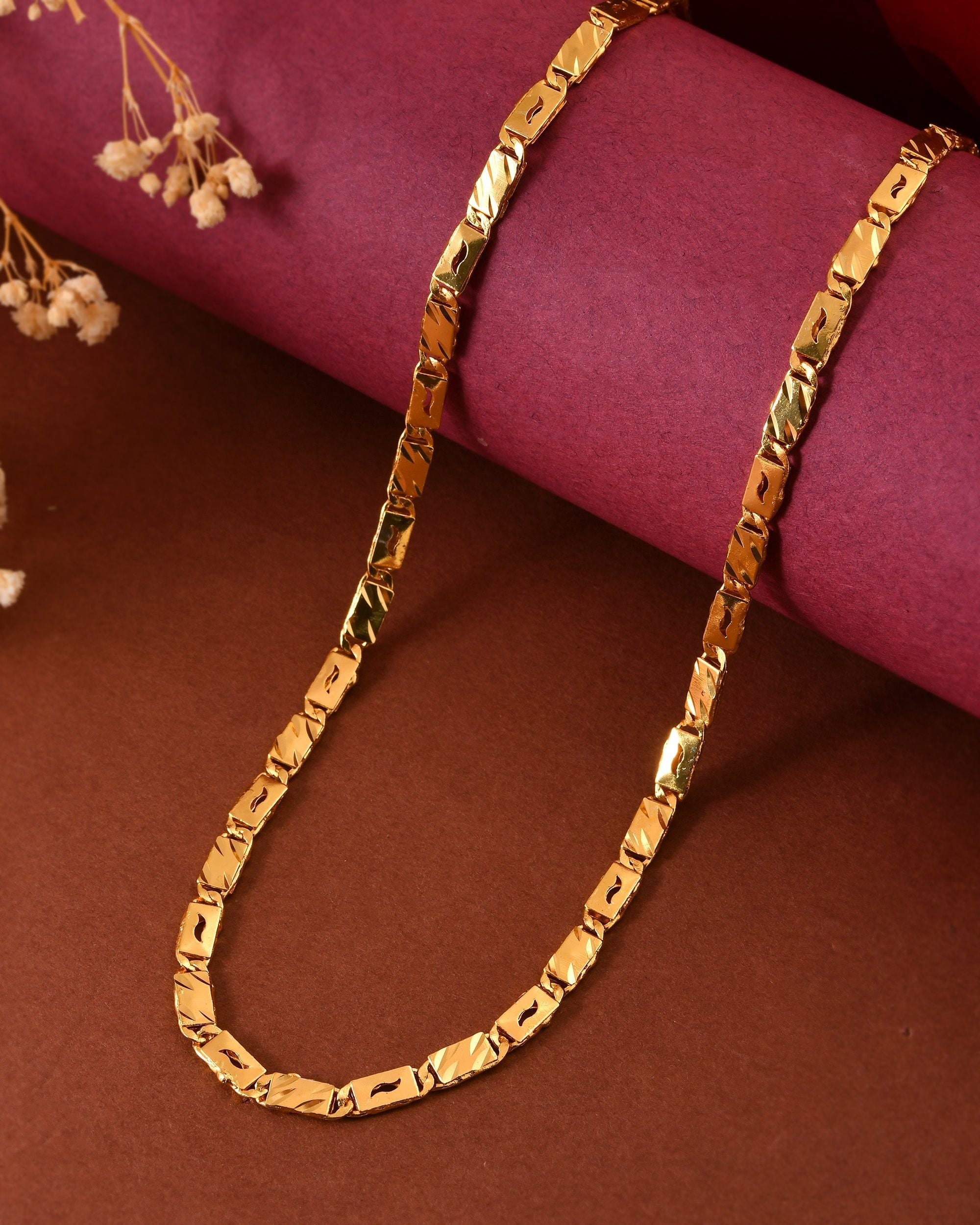 VOJ Gold Plated Wave Design Biscuit Chain For Men