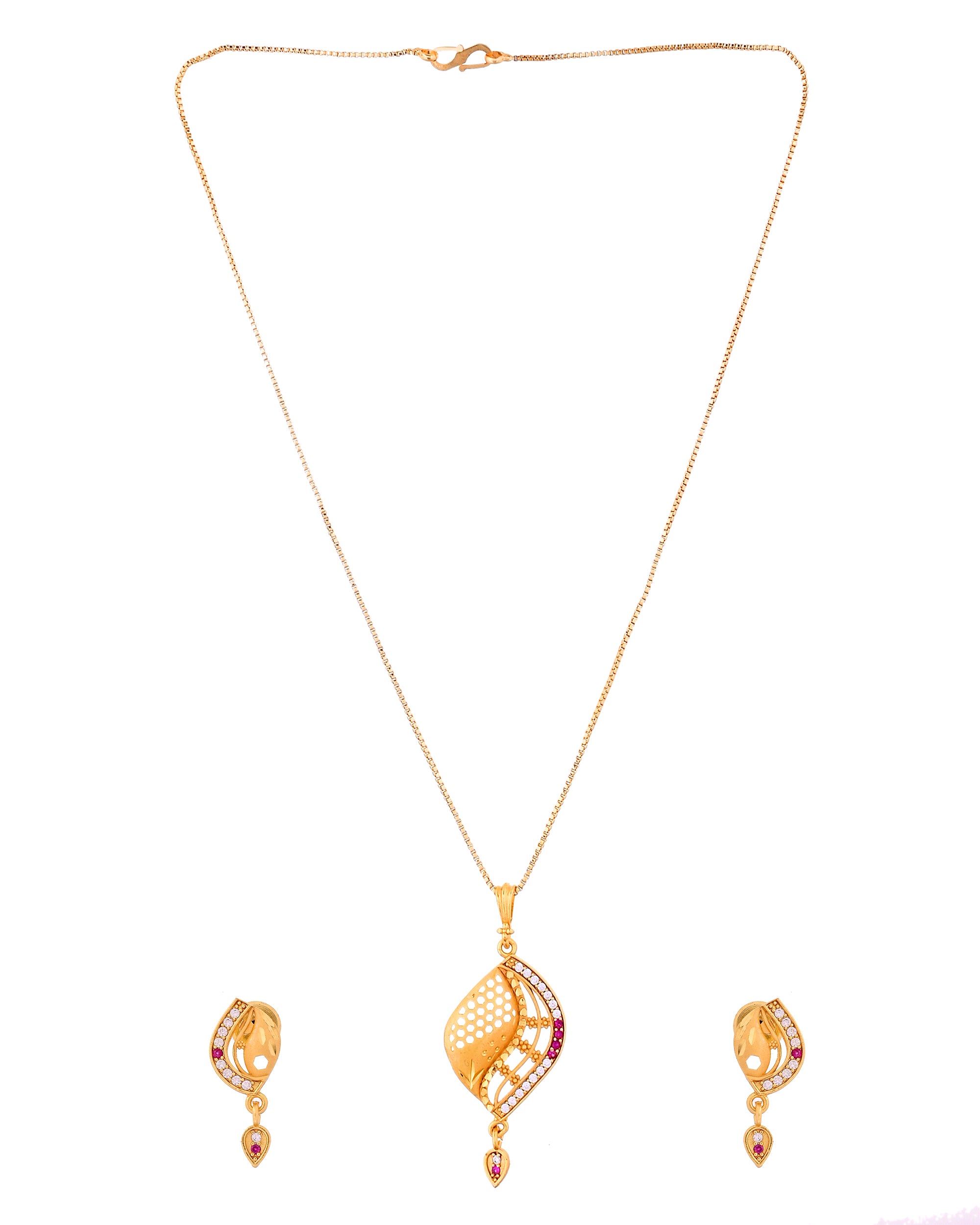 VOJ Gold Plated Simple Chain With Pendant And Earrings Set - Dista