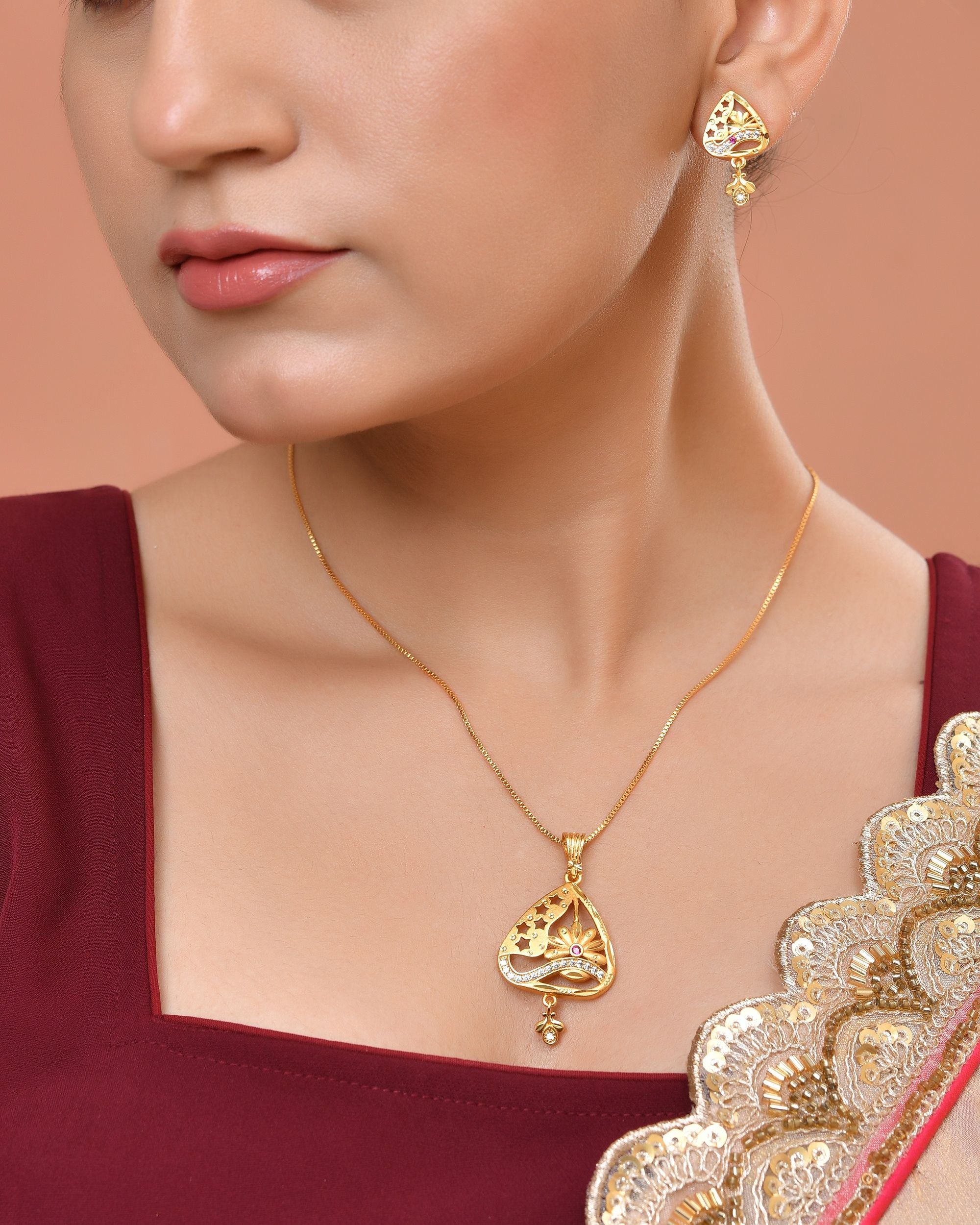 VOJ Gold Plated Floral Design Triangular Pendant With Chain And Earrings Set - Dista