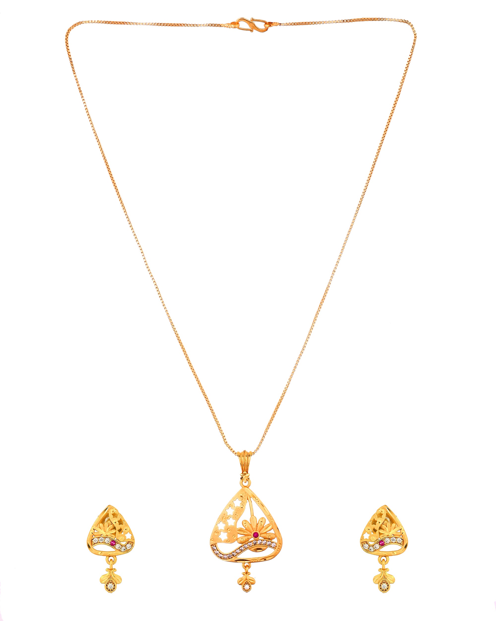 VOJ Gold Plated Floral Design Triangular Pendant With Chain And Earrings Set - Dista