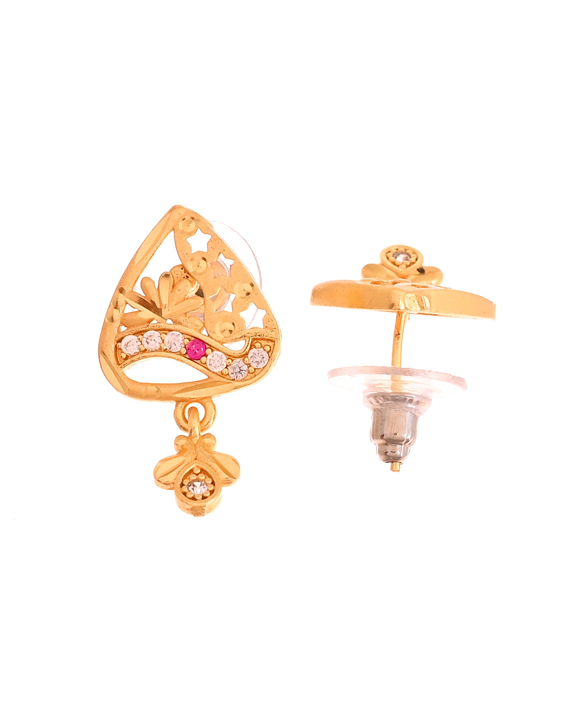 VOJ Gold Plated Floral Design Triangular Pendant With Chain And Earrings Set - Dista