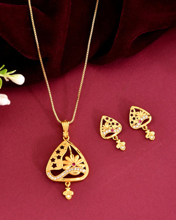 VOJ Gold Plated Floral Design Triangular Pendant With Chain And Earrings Set - Dista