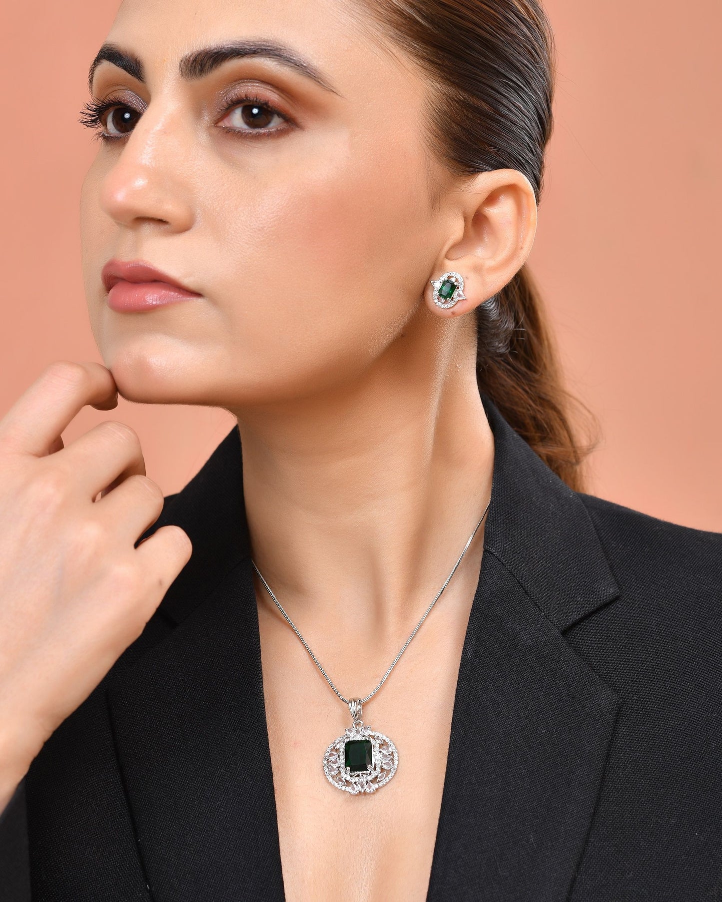 VOJ Silver Tone Blue Rectangular And Ad Stone Studded Chain Set - Dista