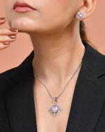 Thumbnail for VOJ Silver Plated Baby Pink Rectangular Stone Square Pendant With Chain Set