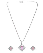 Thumbnail for VOJ Silver Plated Baby Pink Rectangular Stone Square Pendant With Chain Set
