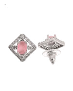 Thumbnail for VOJ Silver Plated Baby Pink Rectangular Stone Square Pendant With Chain Set