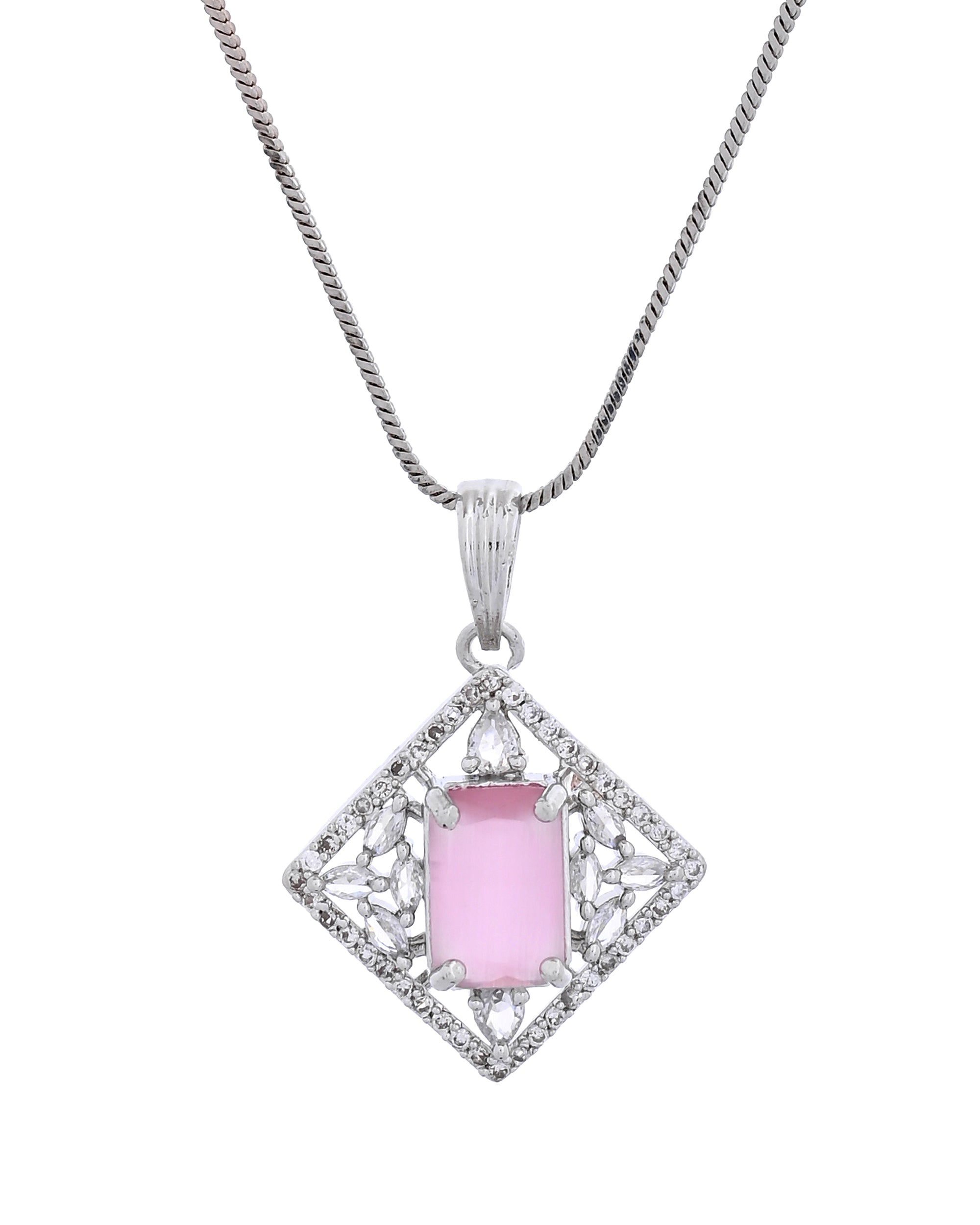 VOJ Silver Plated Baby Pink Rectangular Stone Square Pendant With Chain Set