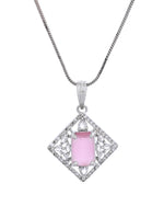 Thumbnail for VOJ Silver Plated Baby Pink Rectangular Stone Square Pendant With Chain Set