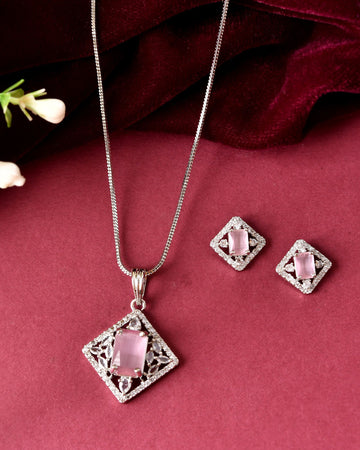VOJ Silver Plated Baby Pink Rectangular Stone Square Pendant With Chain Set - Dista