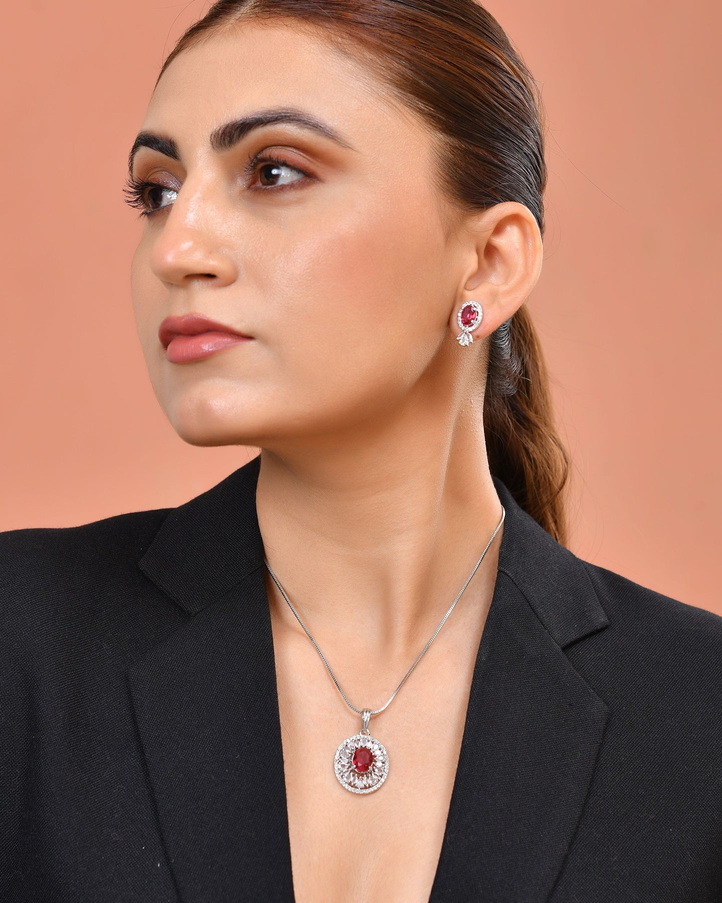 VOJ Silver Plated Ruby Red Circular Stone Studded Floral Ad Chain Set - Dista