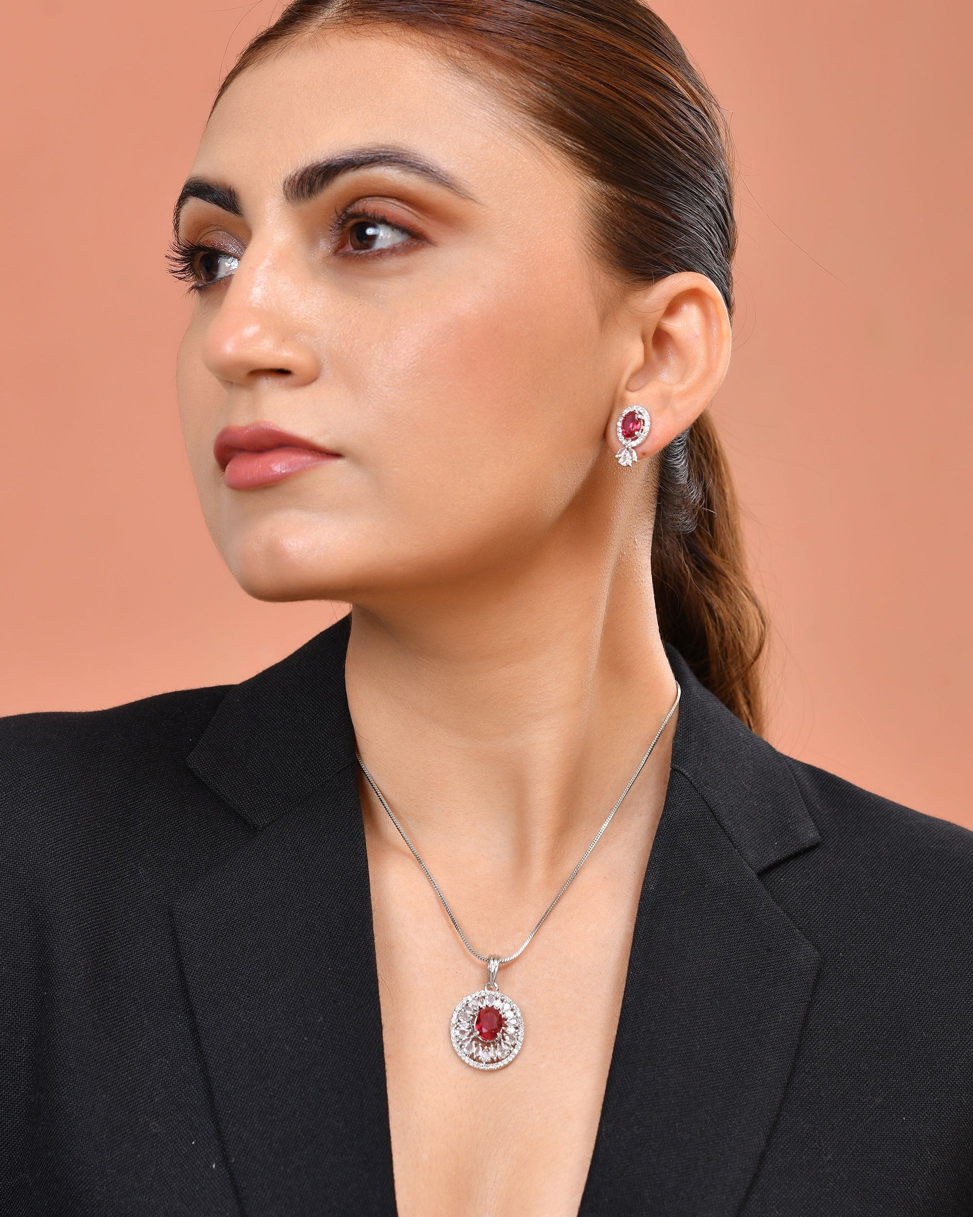 VOJ Silver Plated Ruby Red Circular Stone Studded Floral Ad Chain Set - Dista