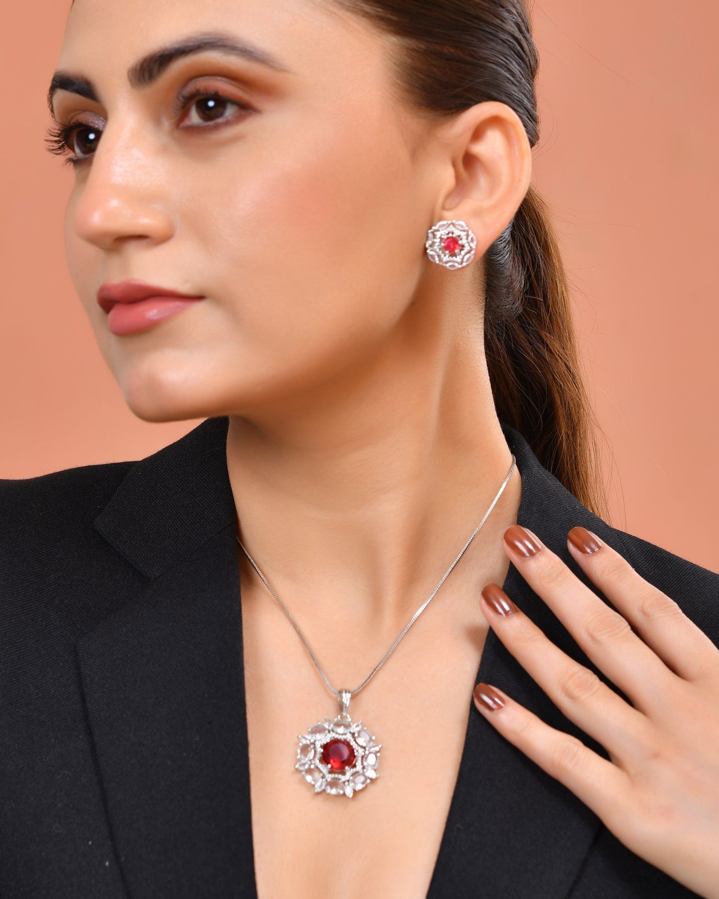 VOJ Silver Plated Ruby Red Circular Stone Studded Floral Ad Chain Set - Dista