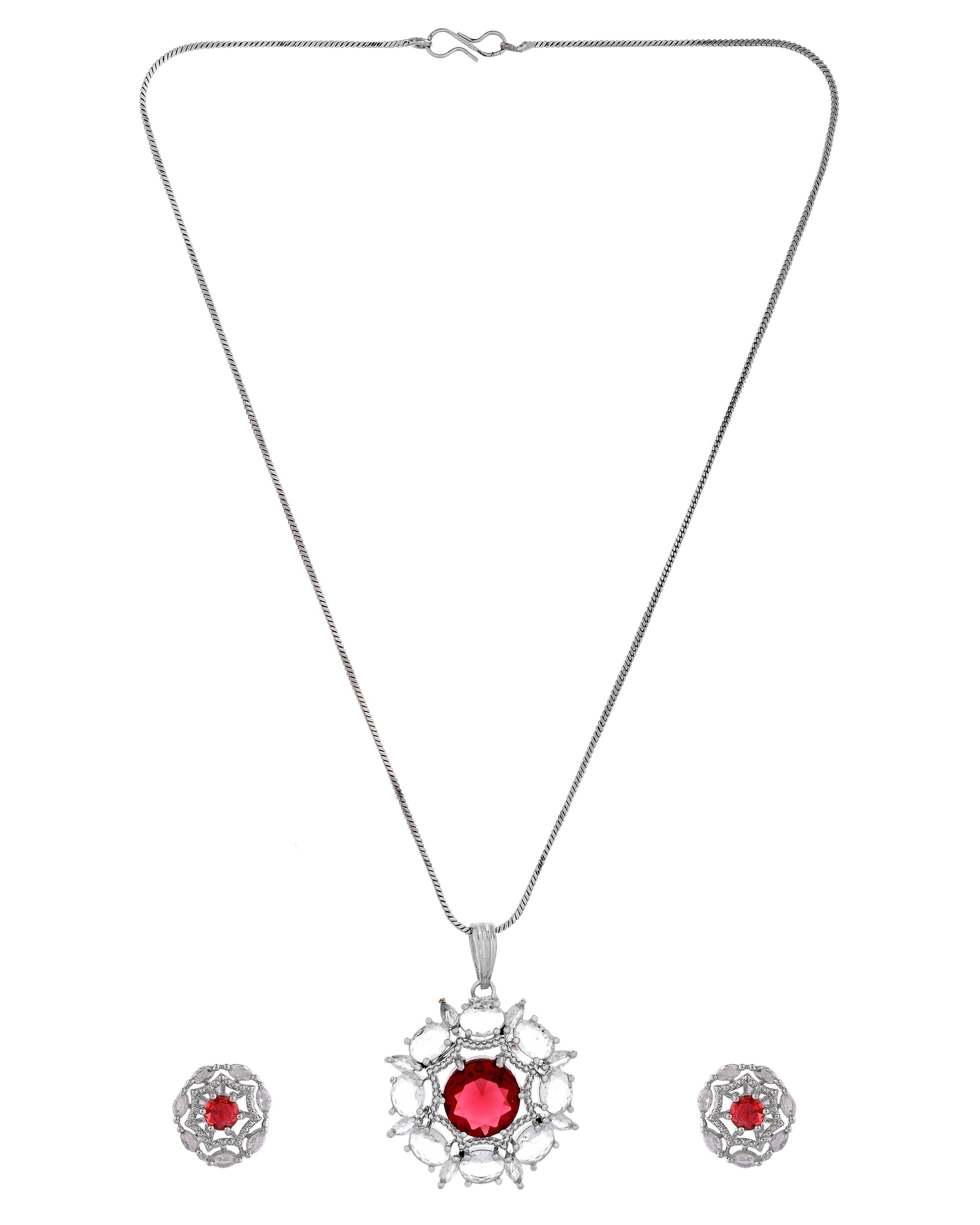 VOJ Silver Plated Ruby Red Circular Stone Studded Floral Ad Chain Set - Dista