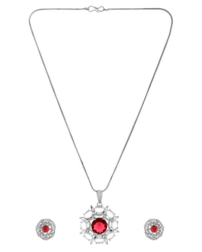VOJ Silver Plated Ruby Red Circular Stone Studded Floral Ad Chain Set - Dista