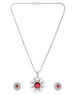 Thumbnail for VOJ Silver Plated Ruby Red Circular Stone Studded Floral Ad Chain Set