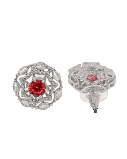 VOJ Silver Plated Ruby Red Circular Stone Studded Floral Ad Chain Set - Dista