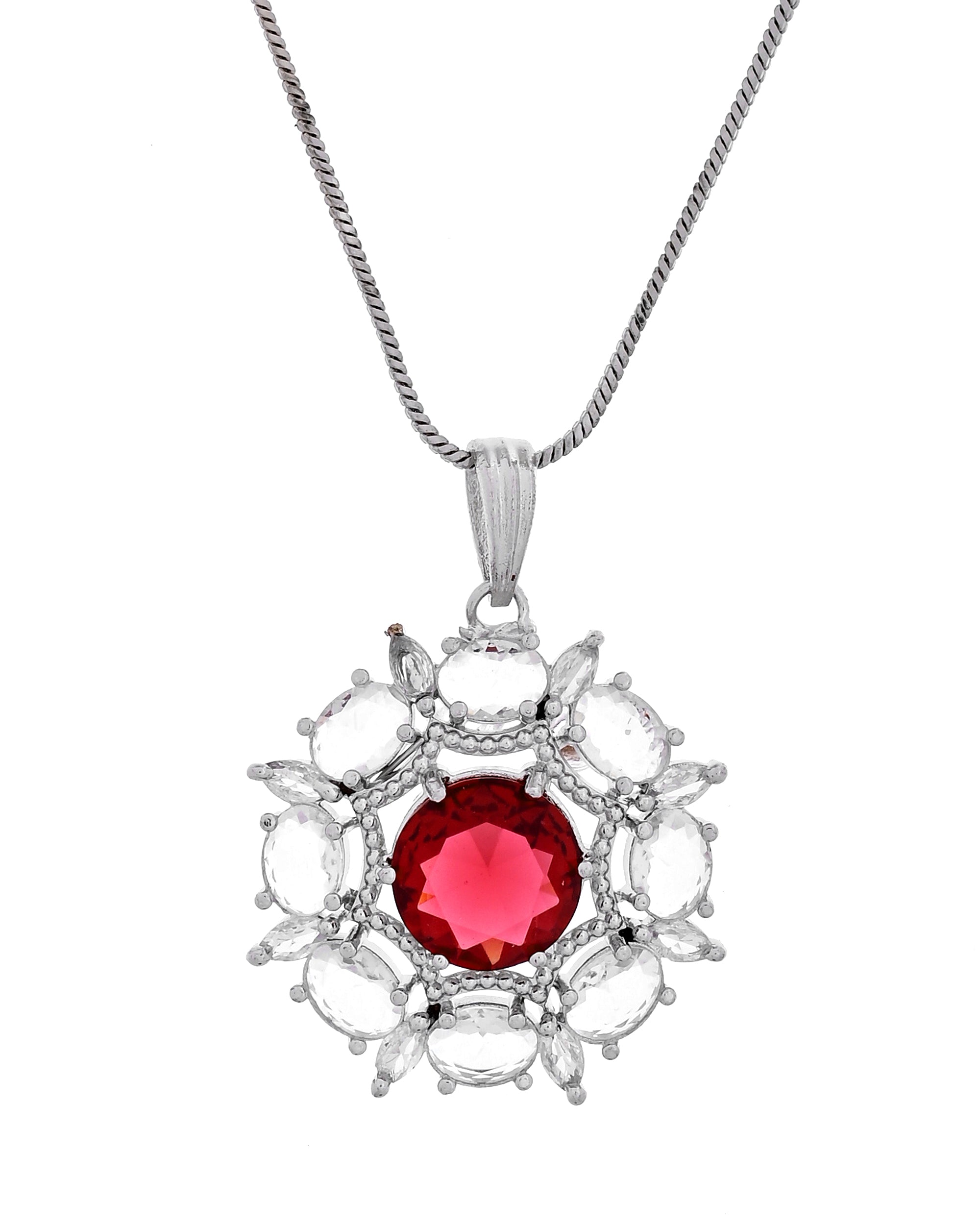 VOJ Silver Plated Ruby Red Circular Stone Studded Floral Ad Chain Set