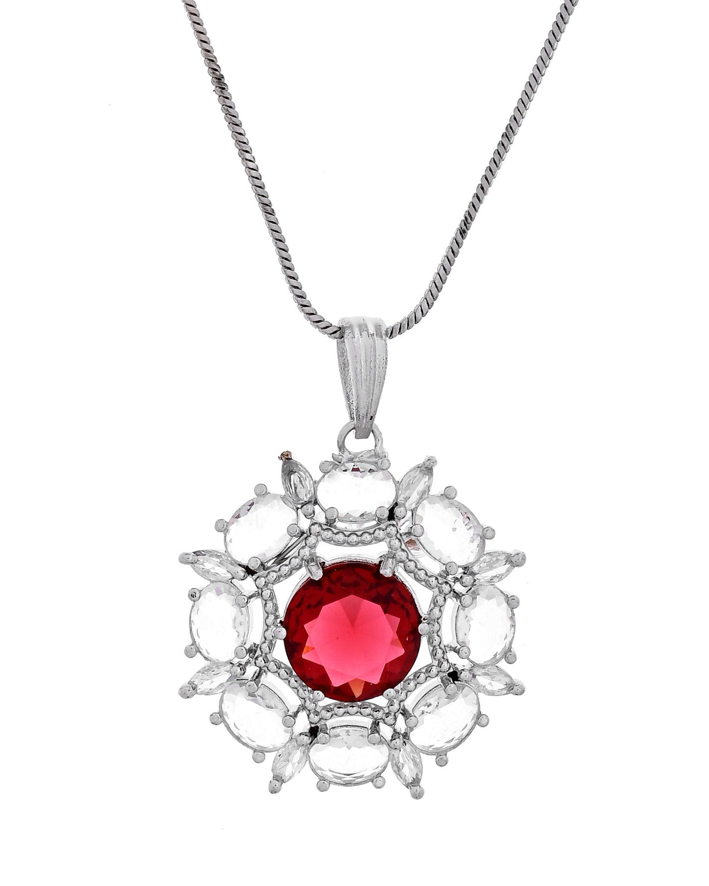 VOJ Silver Plated Ruby Red Circular Stone Studded Floral Ad Chain Set - Dista