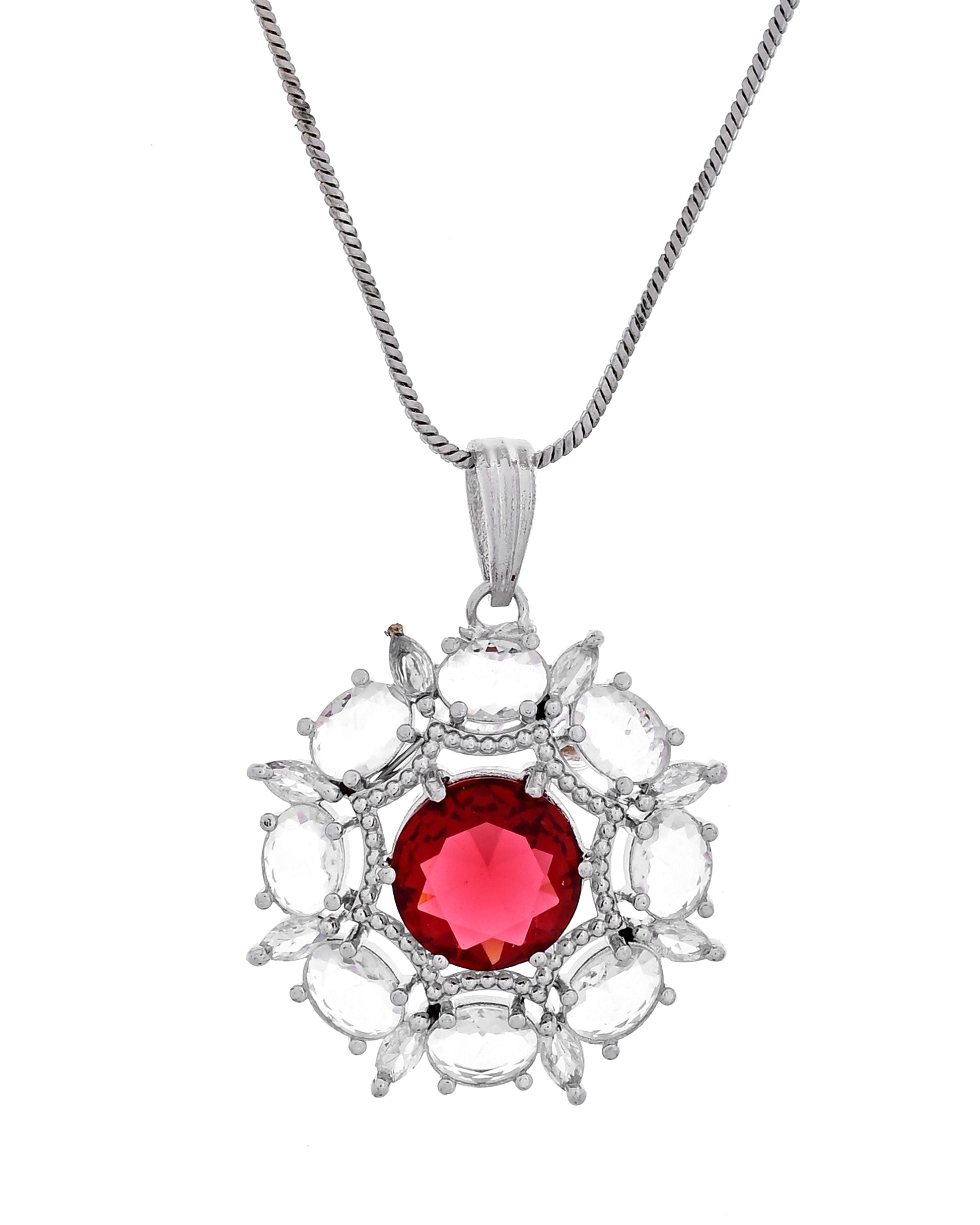 VOJ Silver Plated Ruby Red Circular Stone Studded Floral Ad Chain Set - Dista