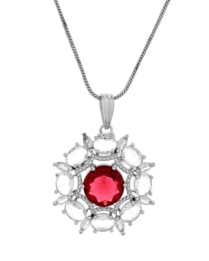 VOJ Silver Plated Ruby Red Circular Stone Studded Floral Ad Chain Set - Dista