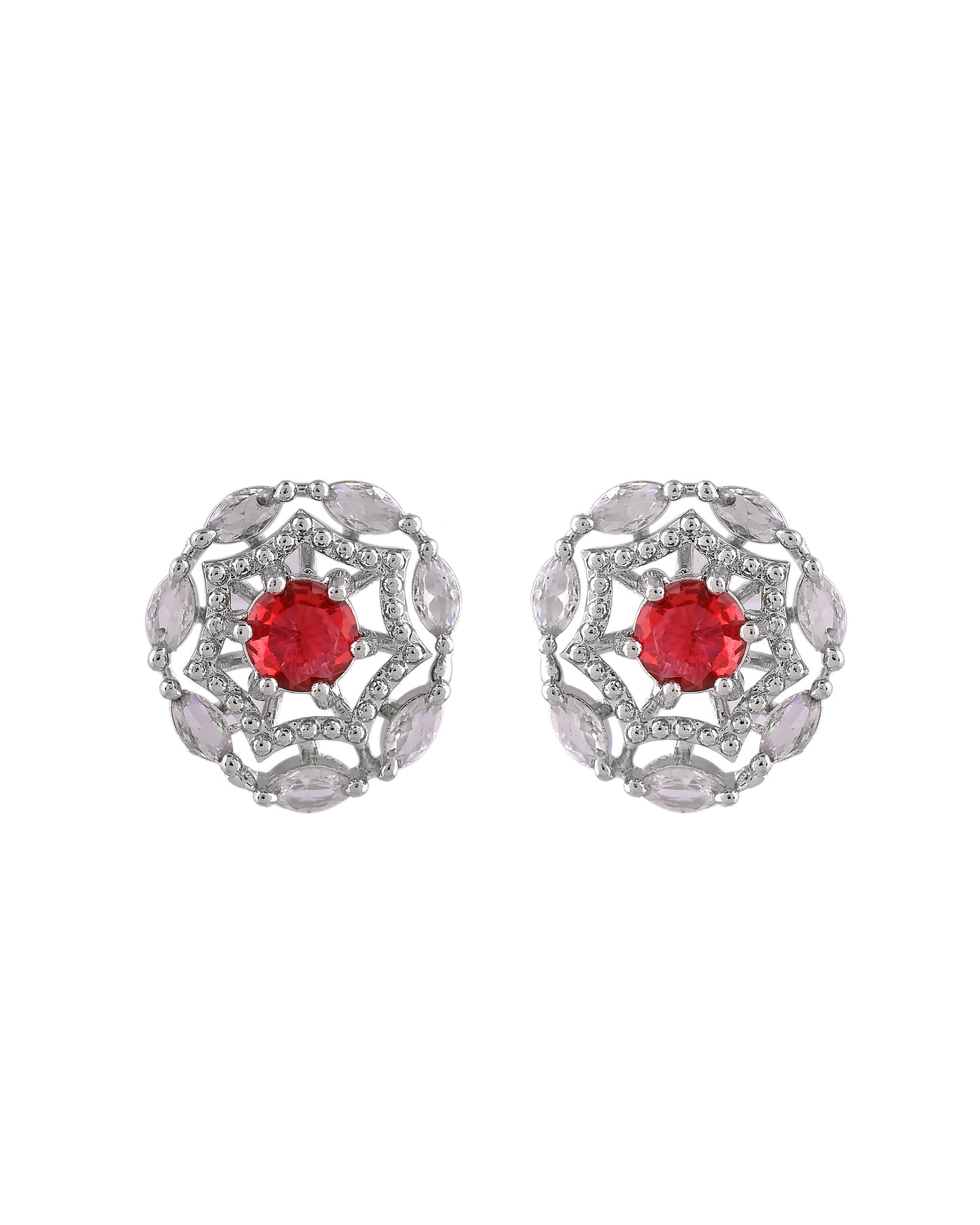 VOJ Silver Plated Ruby Red Circular Stone Studded Floral Ad Chain Set - Dista