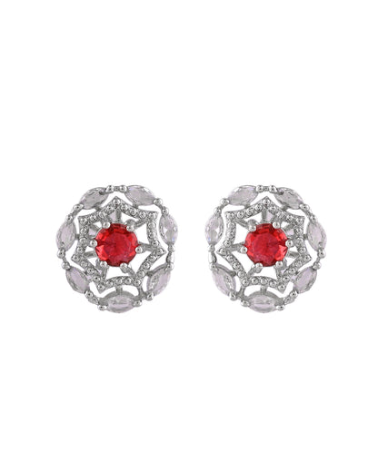 VOJ Silver Plated Ruby Red Circular Stone Studded Floral Ad Chain Set - Dista