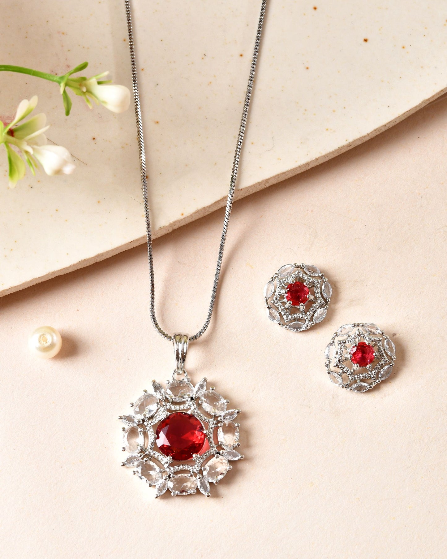 VOJ Silver Plated Ruby Red Circular Stone Studded Floral Ad Chain Set - Dista